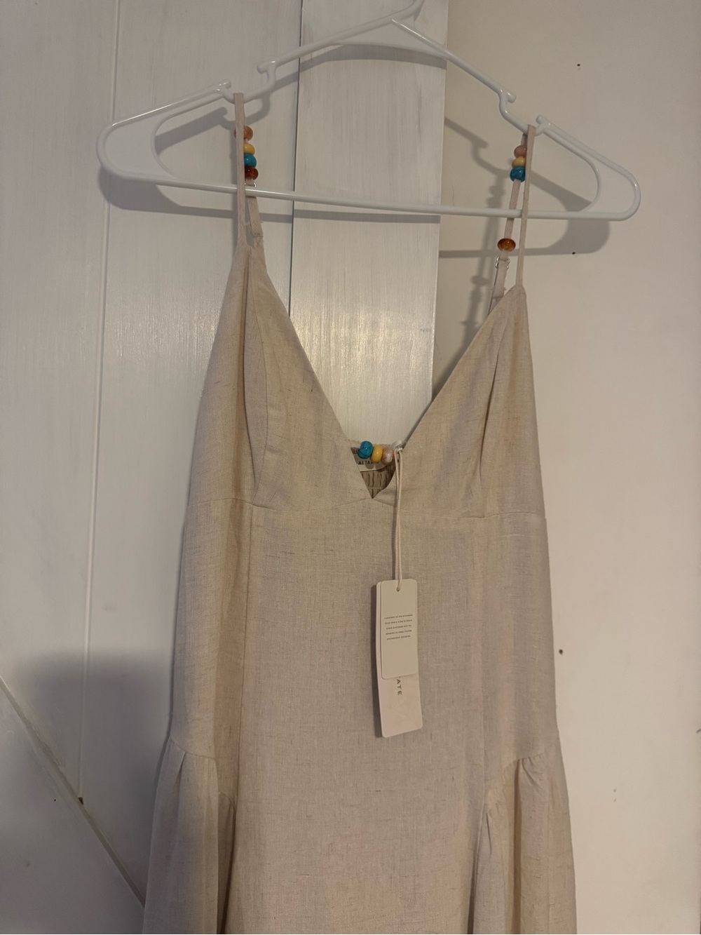 Altar'd State Natural Beige Linen Cami Dress with Beaded Straps